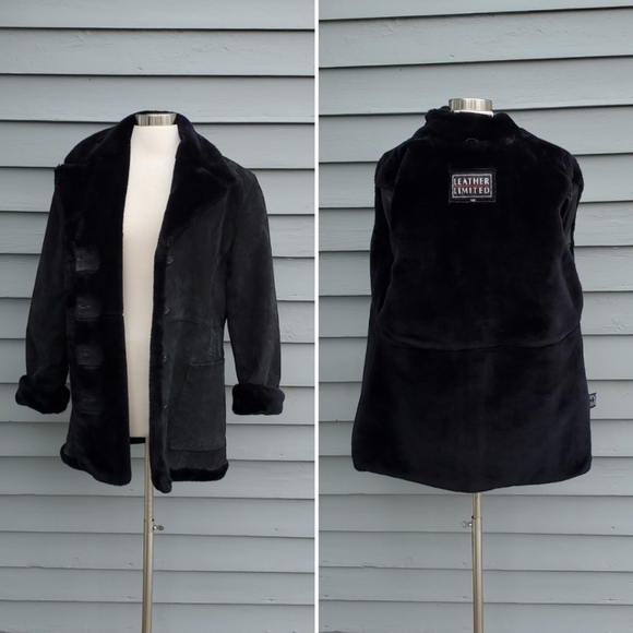 Vintage 90s y2k Bratz Black Leather Plush Faux Fur Lined Penny Lane Rancher Coat - Picture 3 of 8